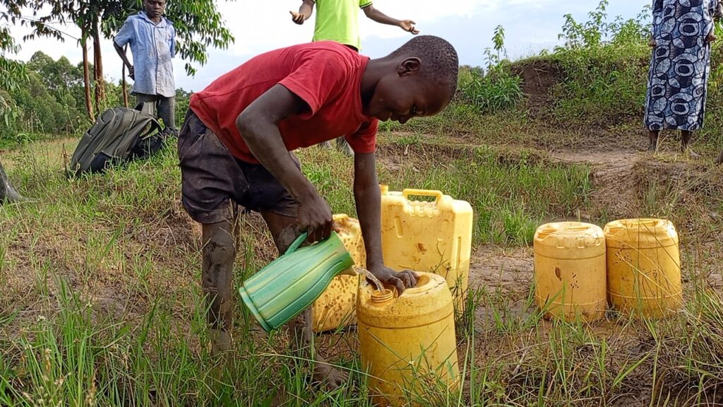 Water being collected from the spring, before the well was built