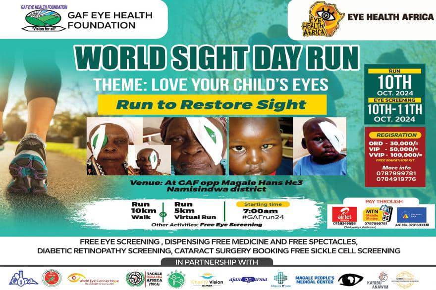 Poster with text "WORLD SIGHT DAY RUN" and "THEME: LOVE YOUR CHILD'S EYES"